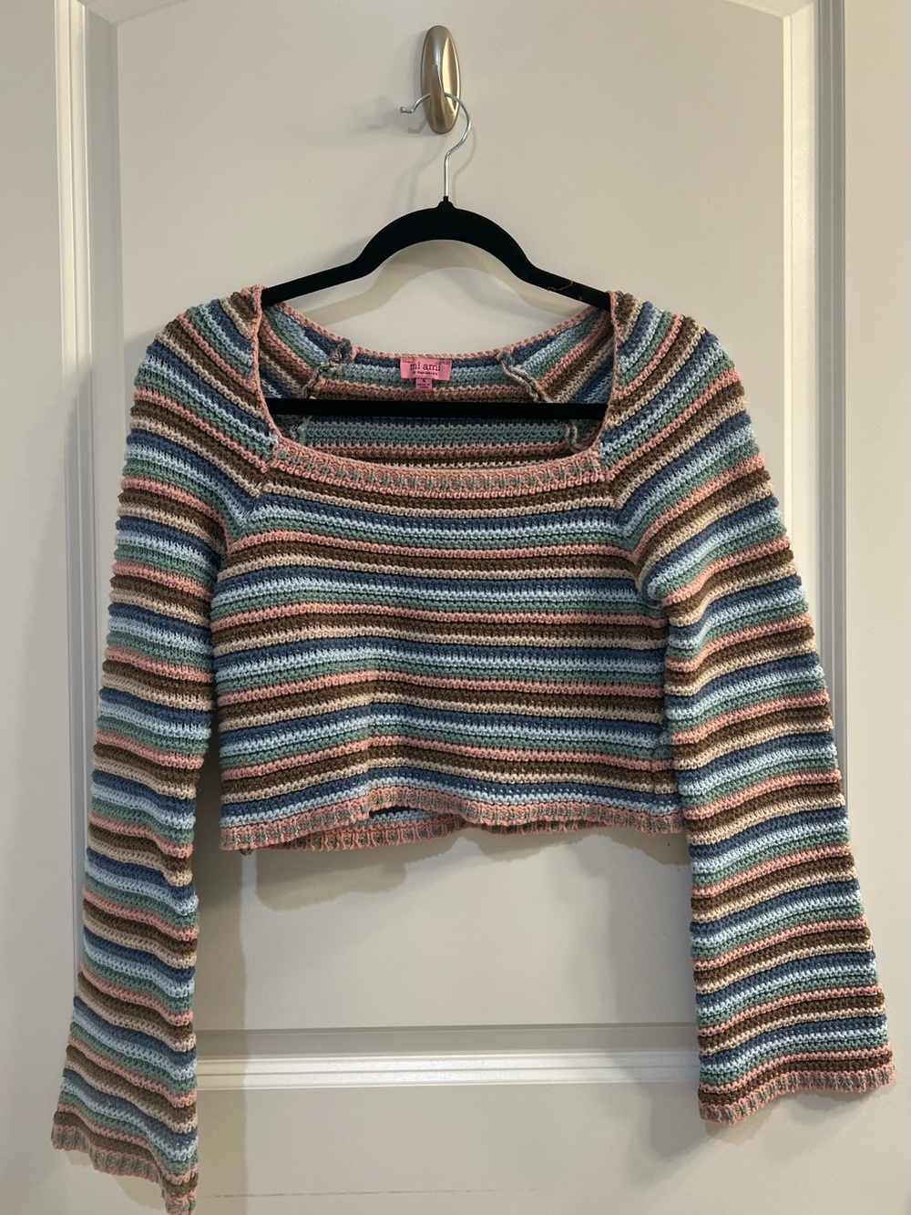 FRANCESCA Striped Crochet Crewneck Sweater